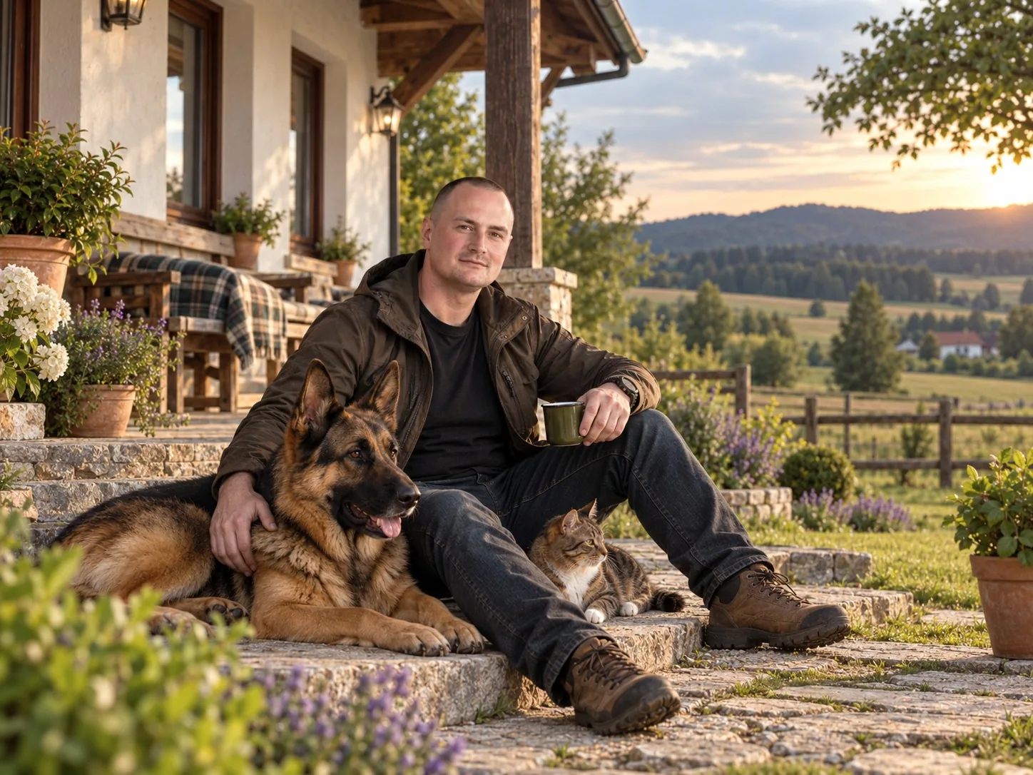 A Gondoskodó Otthon alapítója német juhászkutyával és macskával egy vidéki ház tornácán